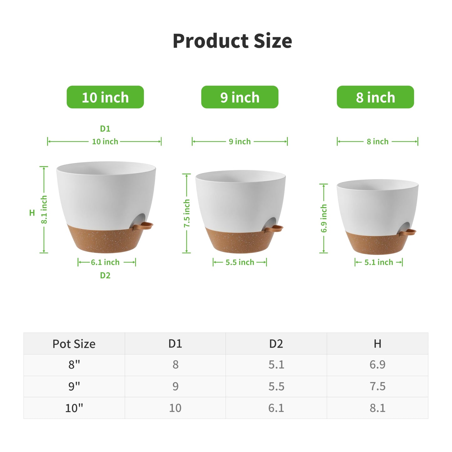 FaithLand 3-Pack Planter Pots, 10 9 8 Inch Self Watering Flower Pots for Indoor Outdoor Garden Plants, White with Brown