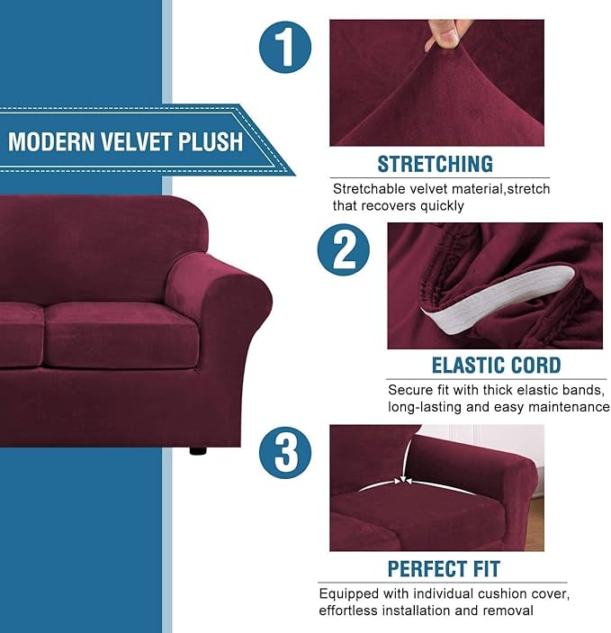 H.VERSAILTEX High Stretch Sofa Slipcover 4 Piece Cover Velvet Furniture