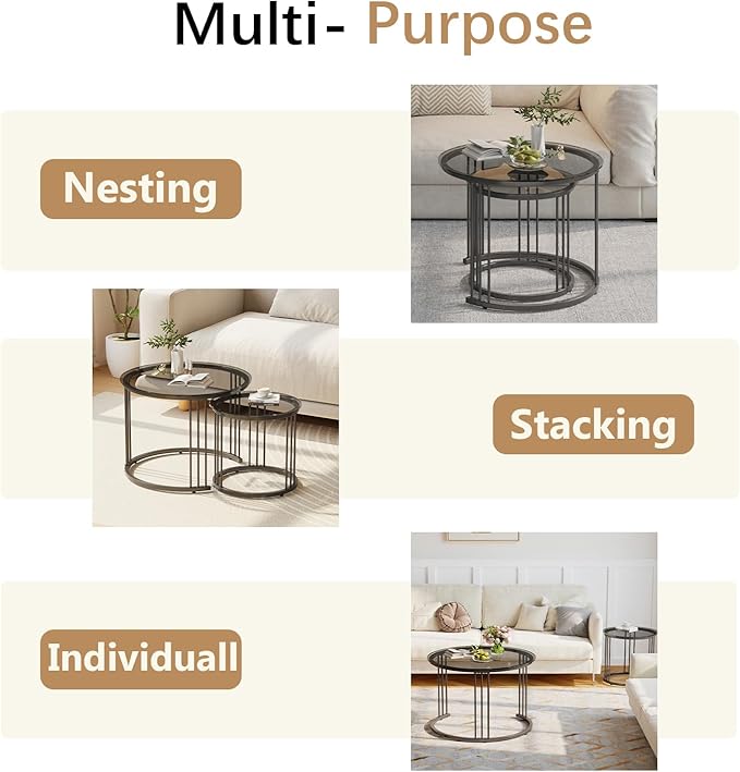 Garden 4 you Nesting Coffee Table, 23.6" Round Coffee Table Set of 2, Glass