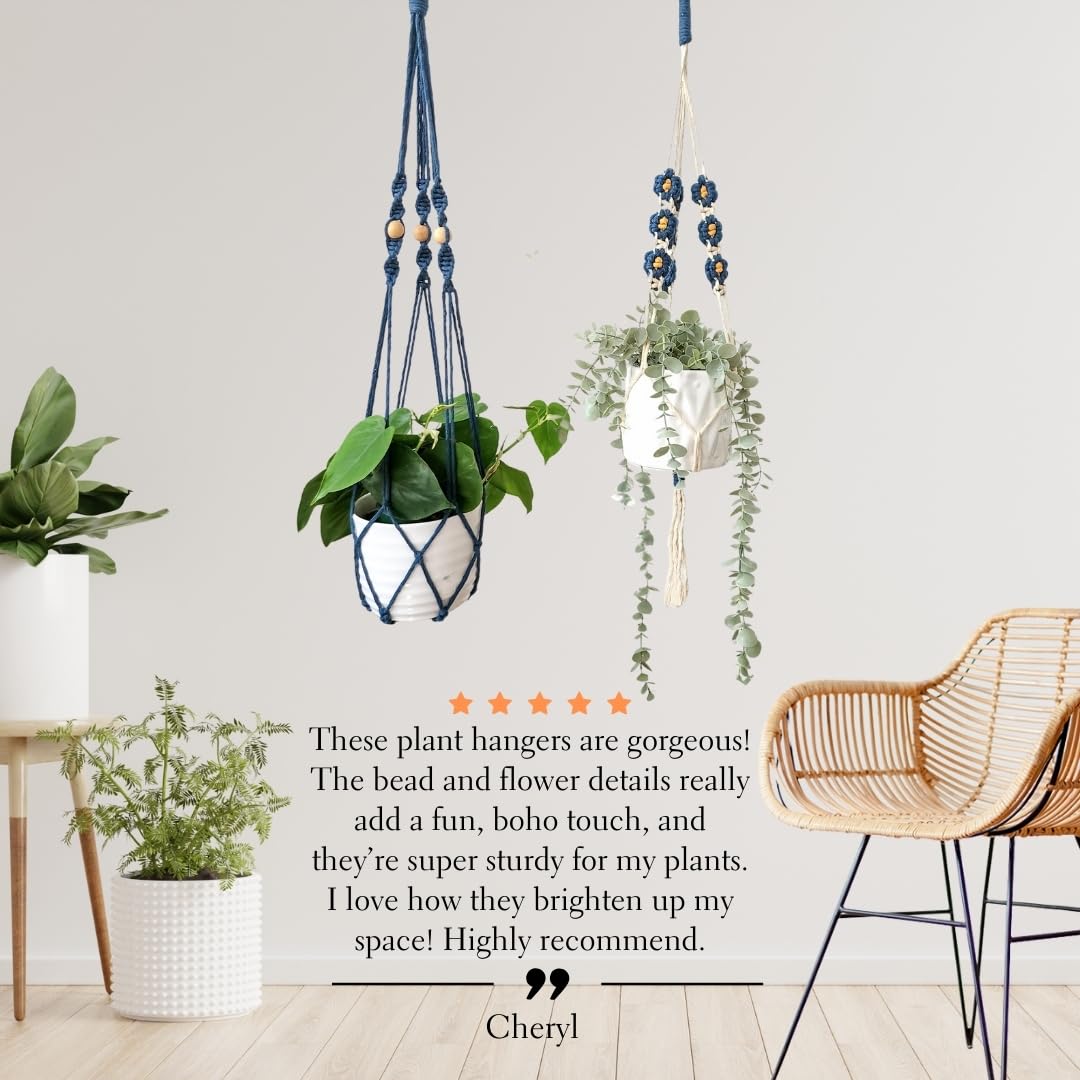 Set of 2 Macrame plant hanger with Daisies & Beads | Hanging plant holder Macrame Plant hangers outdoor and indoor hanging planters Plant stand indoor Boho Decor hanging planter stand (Peacock Blue)