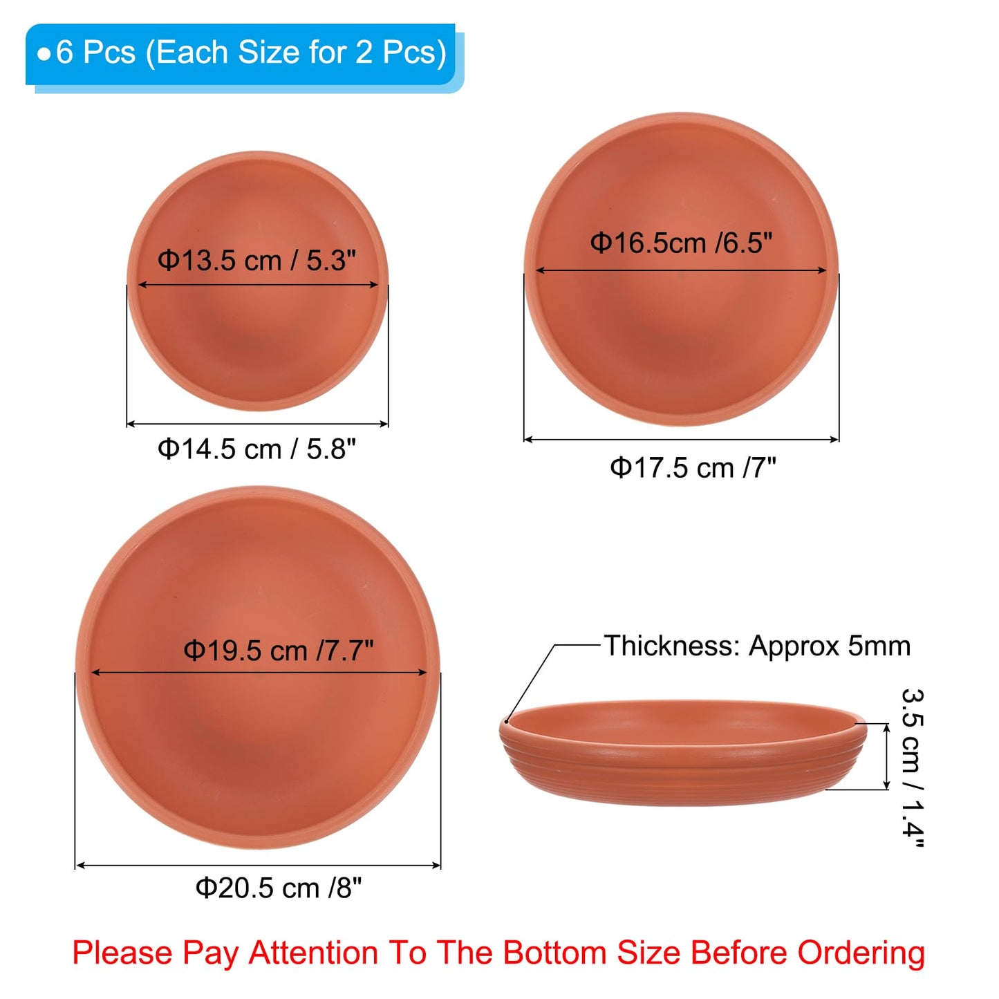 PATIKIL Plant Saucer Tray, 6 Pack 6/7/8 Inch Plastic Round Plant Saucer Flower Planter Drip Tray for Indoors Outdoors Patio Balcony, Terracotta
