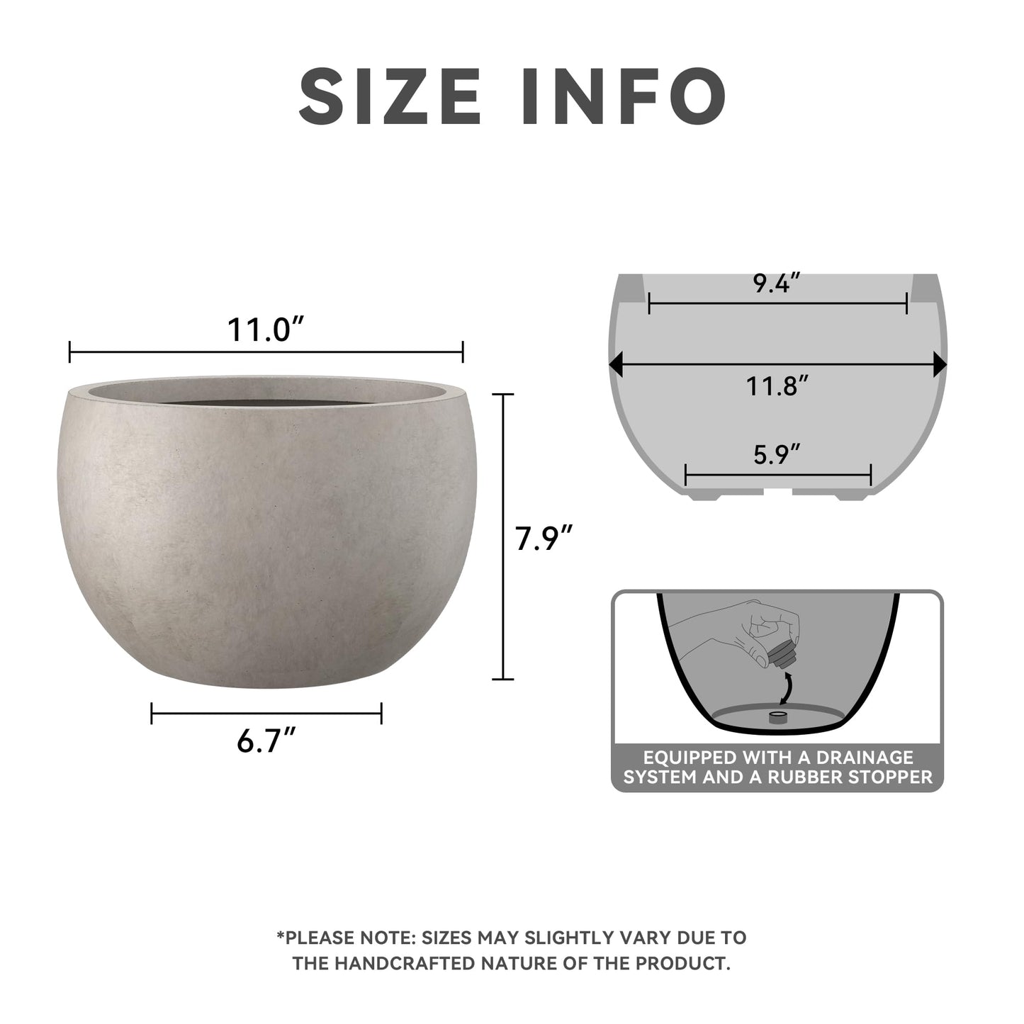 Kante 11.8" Dia Round Concrete Planter, Outdoor/Indoor Large Bowl Plant Pots with Drainage Hole and Rubber Plug for Garden Patio Balcony Home, Weathered Concrete