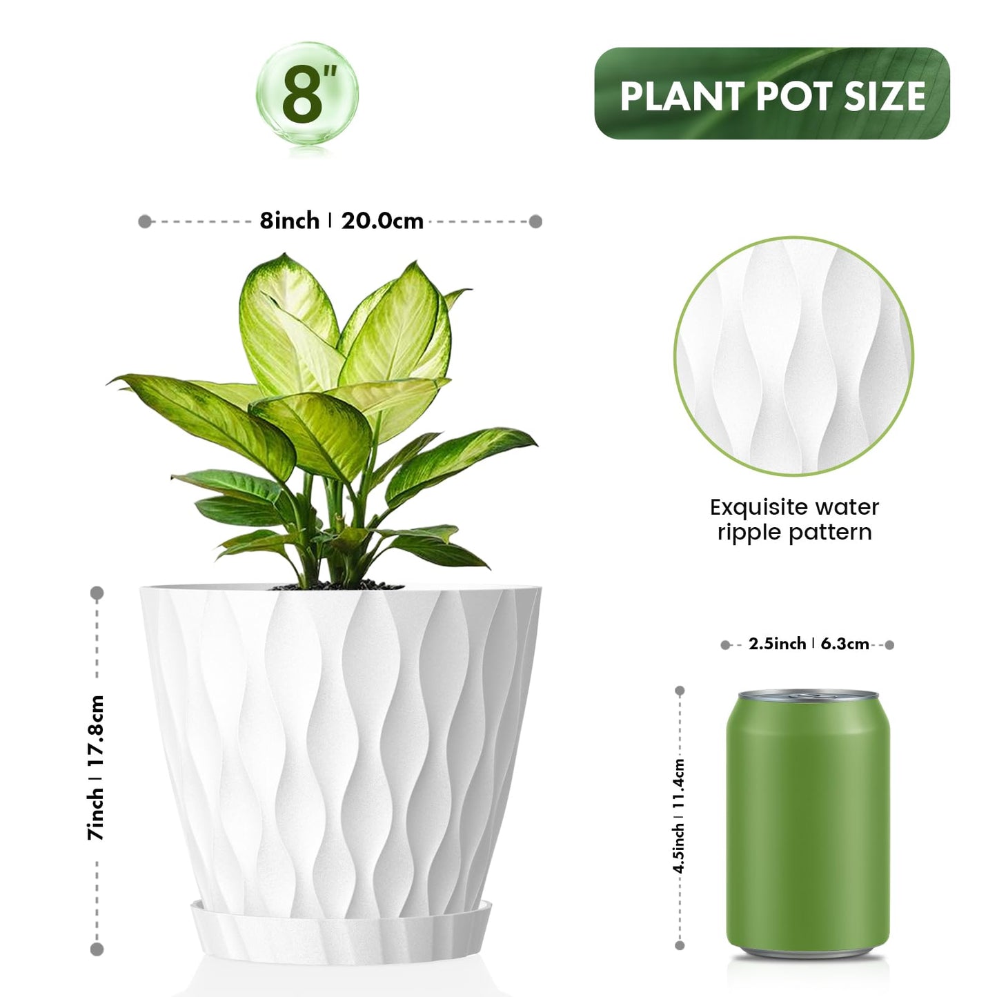 UOUZ 8 Inch Plant Pots, 2 Pack Plastic Planters for Indoor Outdoor with Drainage Holes & Saucers, Waffle Texture Flower Pots for Indoor Plants, Indoor Plant Pots for Monstera, Fiddle Leaf Fig, White