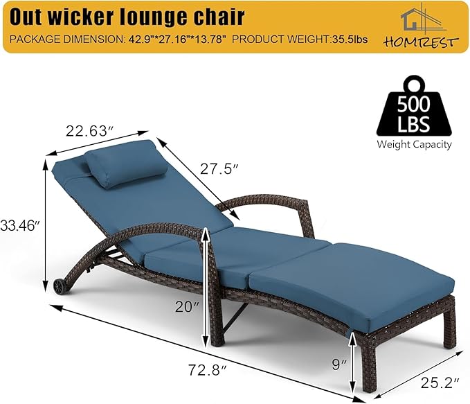 HOMREST Chaise Lounge Chairs Set of 4, PE Rattan Wicker Recliner, Patio Lounge