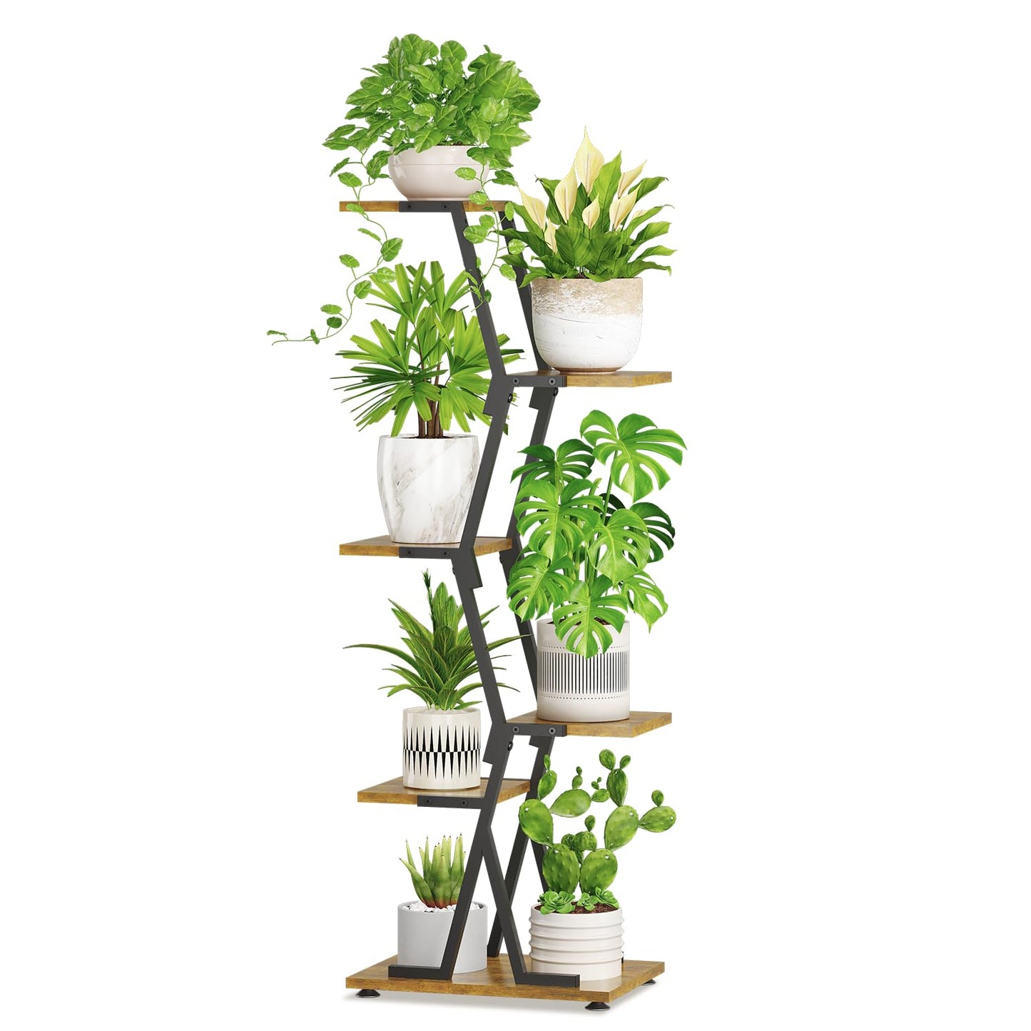 iDavosic.ly 5 Tier Indoor Plant Stand, Corner Tall Metal & Wood Flower Shelf, Orchid Display Rack for Living Room Balcony Patio Porch, Space Saving & Multifunctional Display, Black & Brown