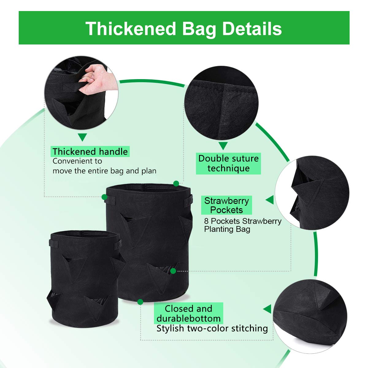 GOTGELIF 10 Gallon Strawberry Grow Bags 2-Pack, Thickened Nonwoven Grow Pots with 8 Pockets & Reinforced Handles for Strawberries, Tomatoes, Peppers, Herbs, Flowers