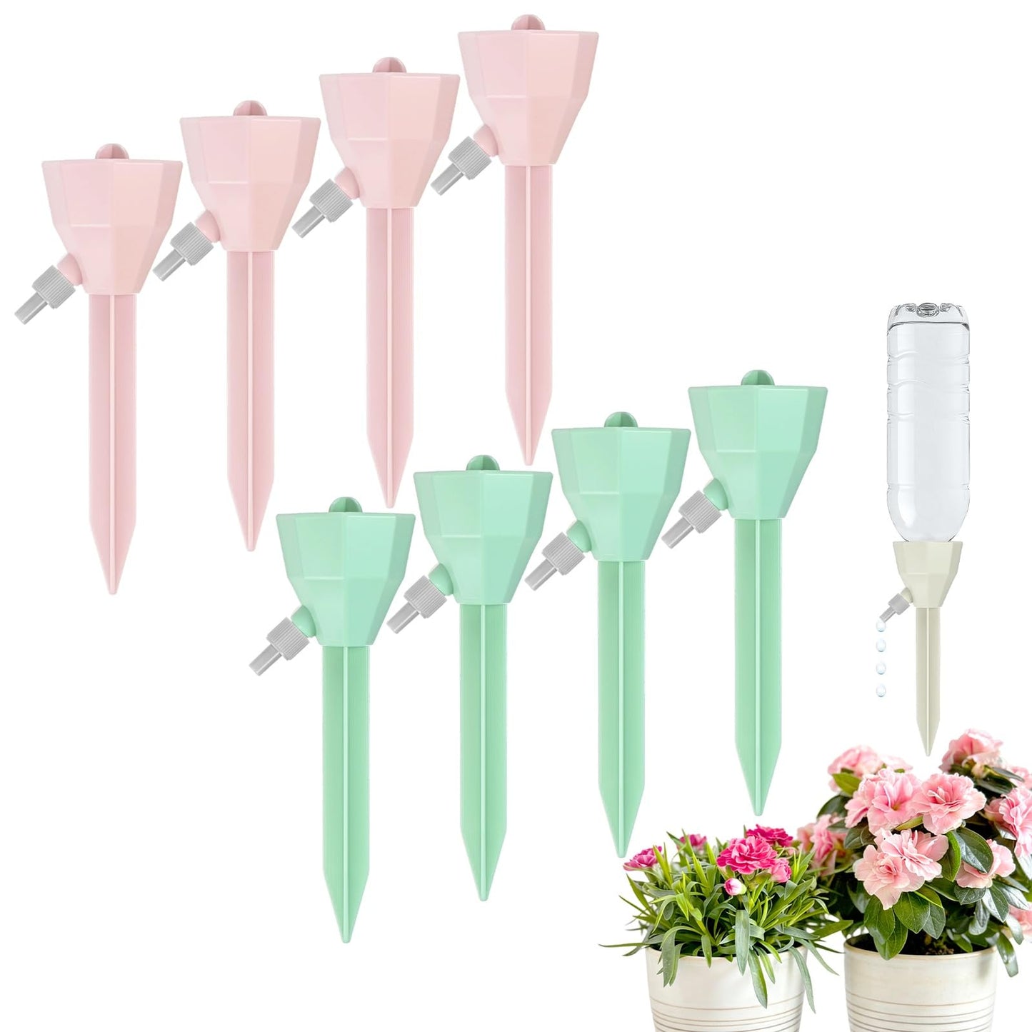 M METERXITY 8-Pack Self Watering Spikes for Plants, 5.3 Inch Plastic Plant Watering Devices with 8 Stoppers for Indoor/Outdoor Pots, Garden Water Planter System [Pink/Green]