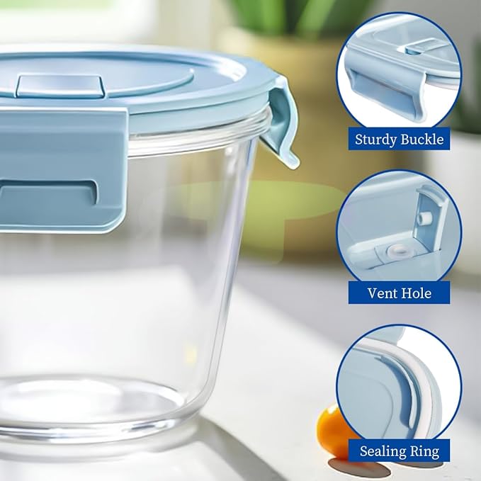 3 Cup Round Glass Food Containers With Airtight Lids, BPA-Free 23oz Round Glass Soup Storage Container Set,Food bowls for Leftover, Microwave, Dishwasher, Fridge and Freezer Safe