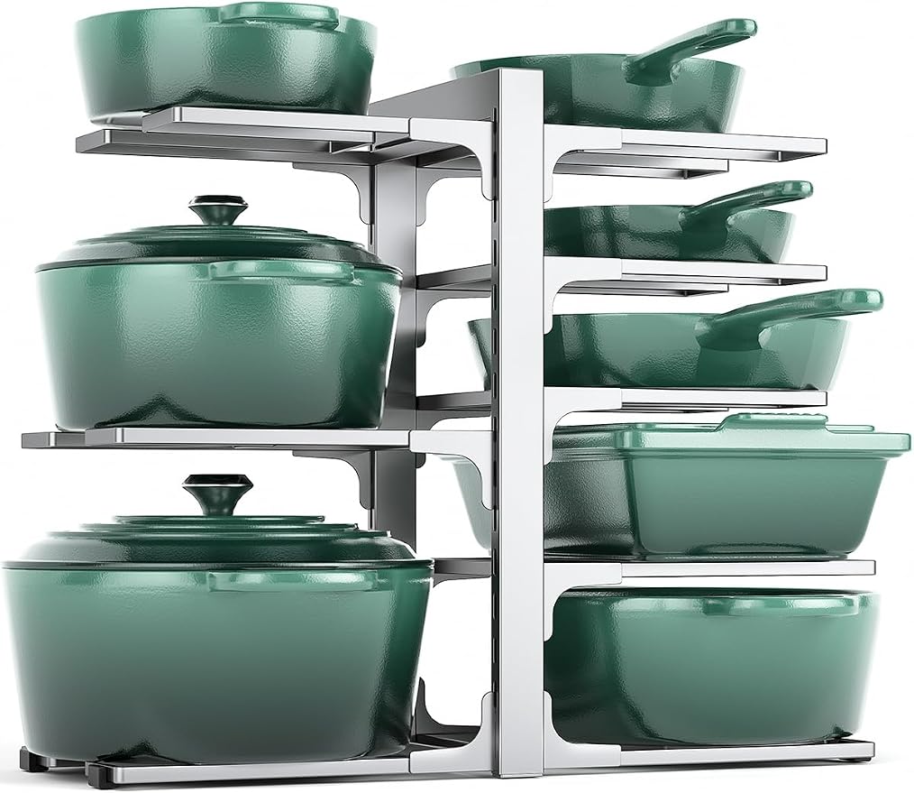 MUDEELA 8-Tier Pots and Pans Organizer under Cabinet, 15.83" Height Heavy Duty Pot Pan Organizer Kitchen Cabinet Organization and Storage, Adjustable Pot Rack for Frying Pan, Cast Iron Skillet, Sliver