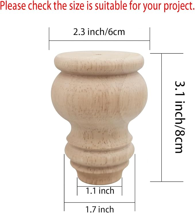 3" Tall Solid Wood Furniture Legs Unfinished Bun Feet