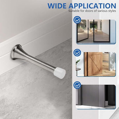 KISEER 12 Pack Spring Door Stops 3 1/4 Inch Flexible Heavy Duty Spring Door Stopper with RustProof Screw Rubber Bumper Tips (Satin Nickel)
