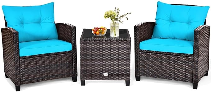 HAPPYGRILL 3 Pieces Patio Conversation Set, Outdoor Furniture Set PE Rattan