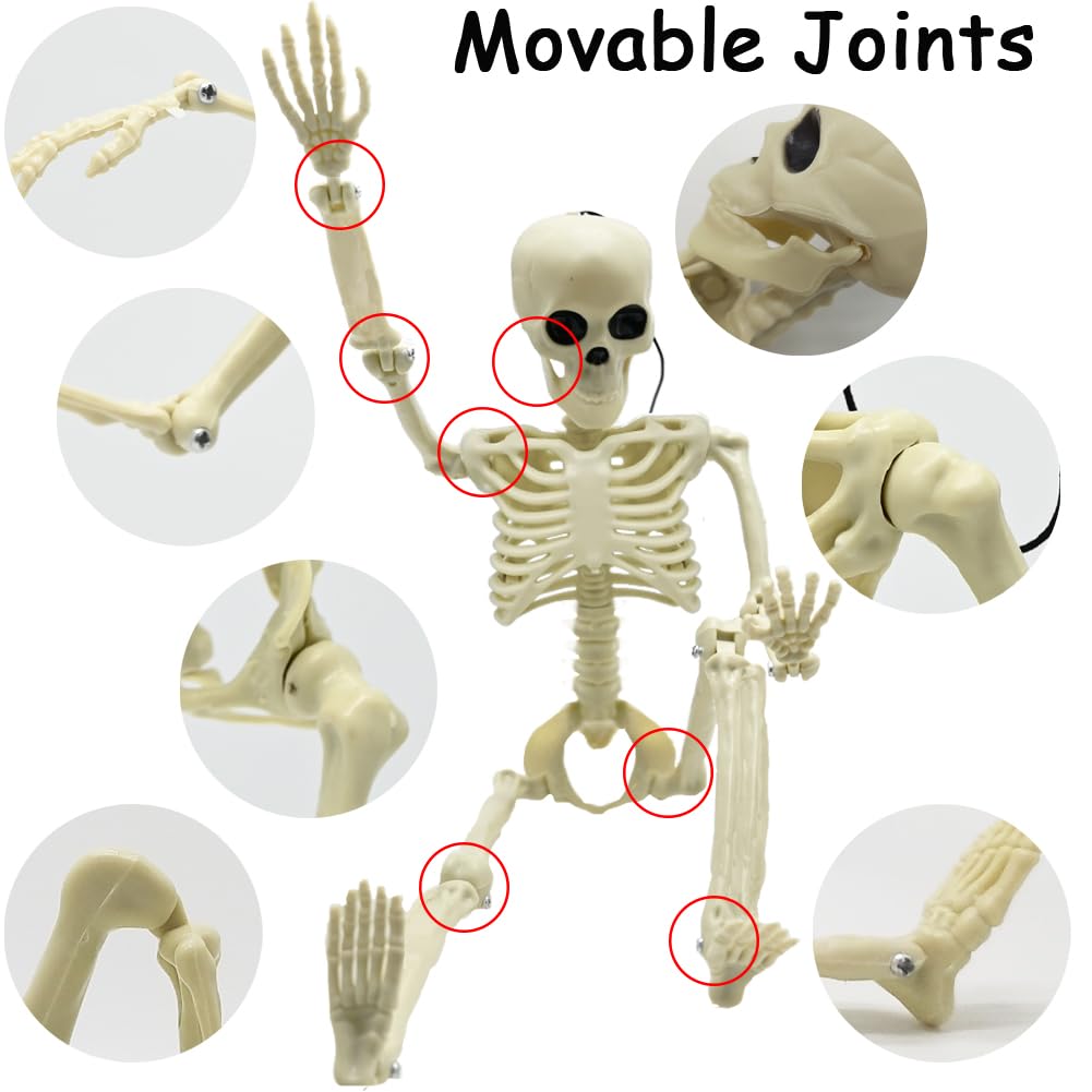 CAMIRUS 4PCS Halloween Skeletons Decorations, 16" Full Body Plastic Mini Little Skeleton Posable Joints Poseable Skeleton for Halloween Party Hanging Decoration Yard Lawn Garden Patio Decor