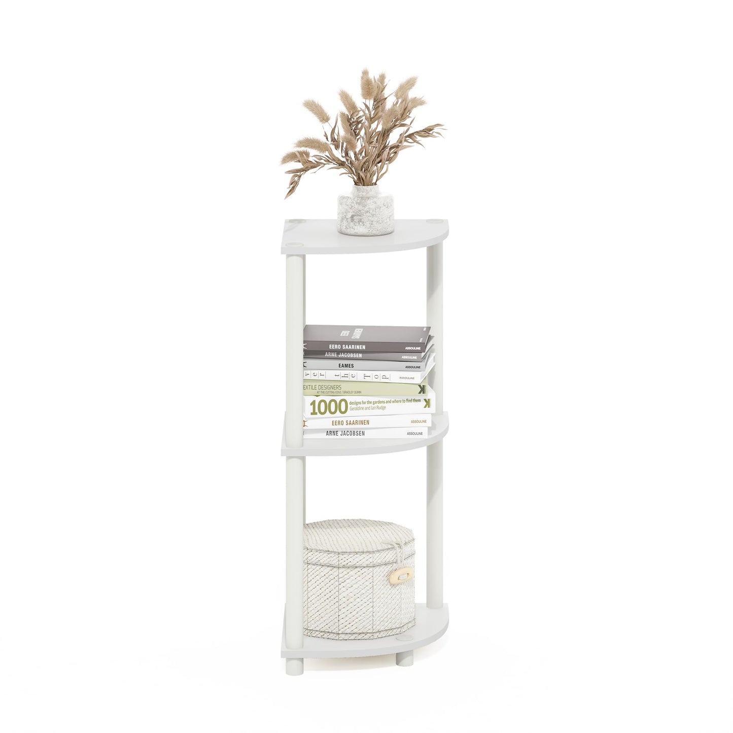Furinno Turn-N-Tube Corner Shelf, 3-Tier Corner Bookshelf, Display Storage Shelves with Open Shelves, for Organization and Storage, Living Room, Home Office, Garage, White