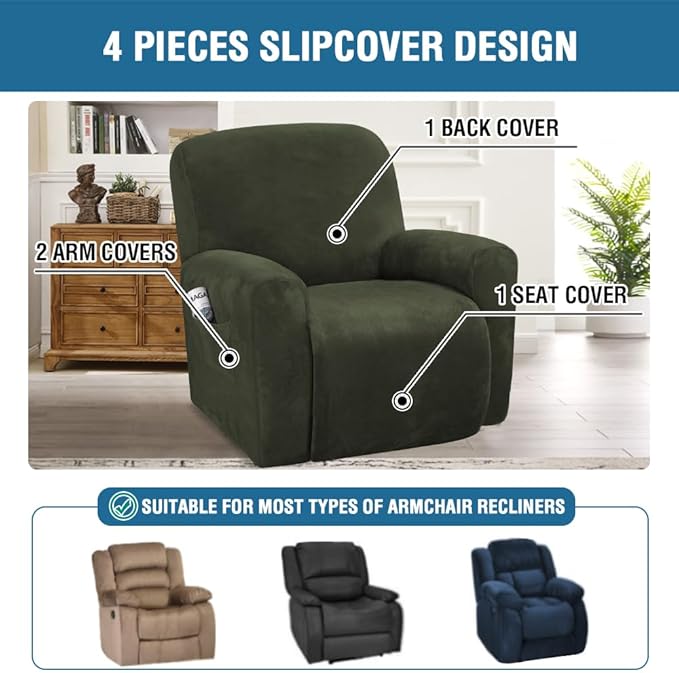 H.VERSAILTEX Velvet Stretch Recliner Couch Covers 4-Pieces Style Recliner Chair