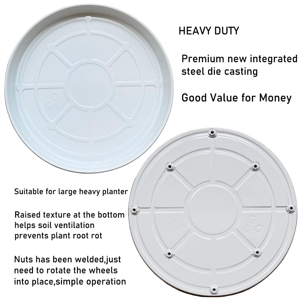 SKAFORZ Rolling Planter Caddy(430lbs Capacity), Heavy Duty Metal Plant Stand with Brake Wheels Plant Dolly Mover Plant Pot Tray Saucer for Indoor Outdoor 16 Inches White 2Pack