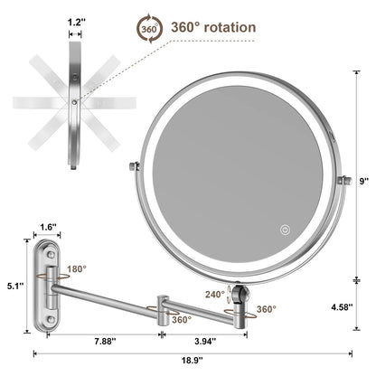 9" Wall Mounted Makeup Lighted Mirror, 4000mAh Rechargeable Double Sided LED Vanity Mirror with Height Adjustable&1X/10X Magnification, 3 Color Lights Touch Screen Dimmable 360°Swivel Bathroom Mirror