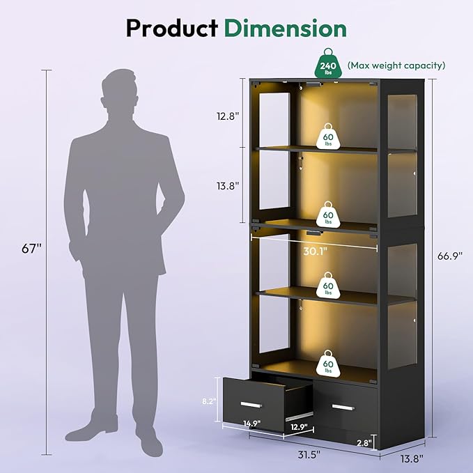 Lamtor 67-inch Glass Display Cabinet – Curio Cabinet