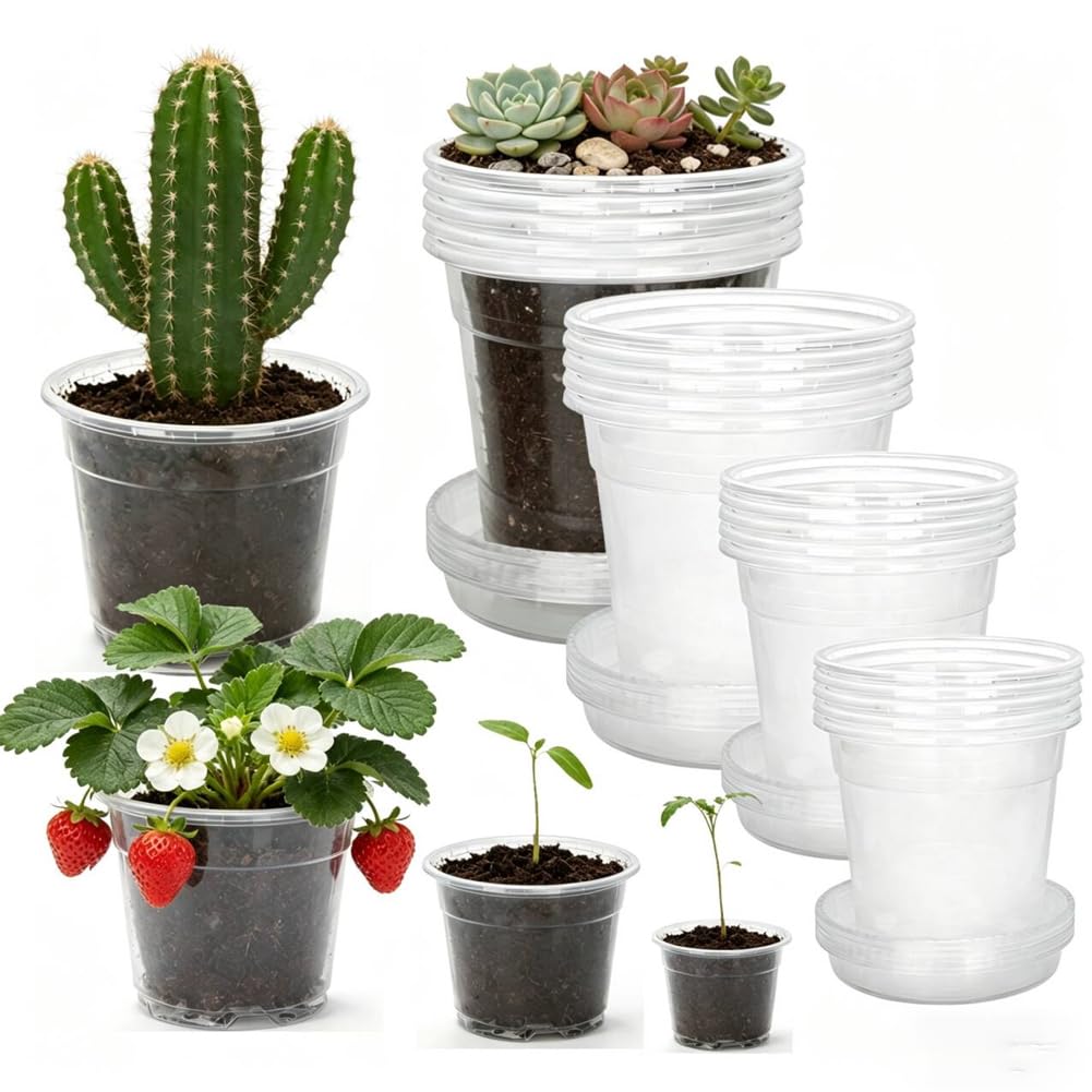 4/5/6/7 Inch Clear Nursery Pots with Saucers, 20 Pack Multiple Sizes Plastic Seedling Pots with Drainage Holes, Reusable Transparent Planters for Succulents, Cuttings, Indoor Outdoor Gardening