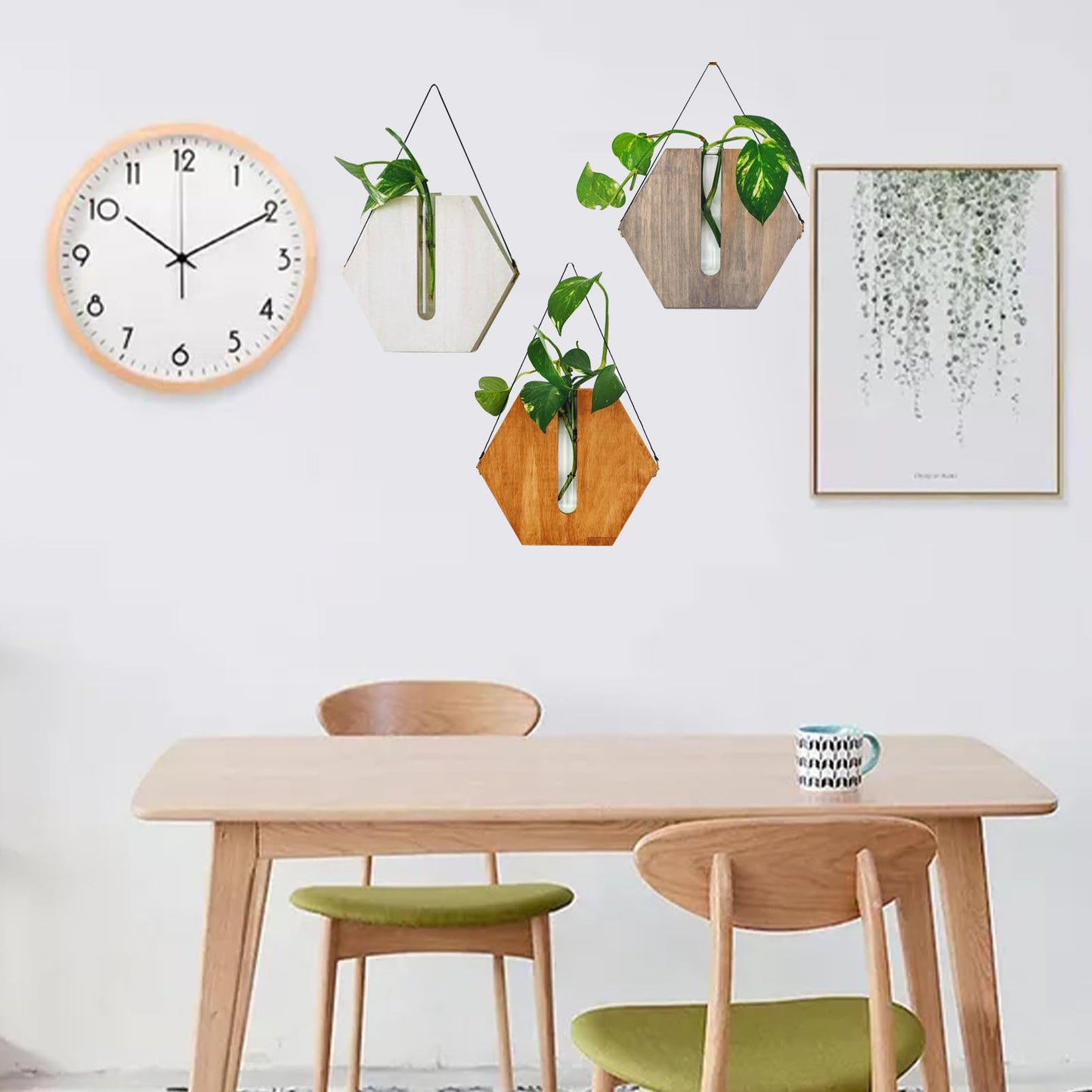 POTRUWE Wooden Wall Hanging Planter Flower Tube Vase, Wall Propagation Planters Glass Plant Terrarium Cylinder Buds Vase Flower Pots Wall Decor for Living Room (Brown)