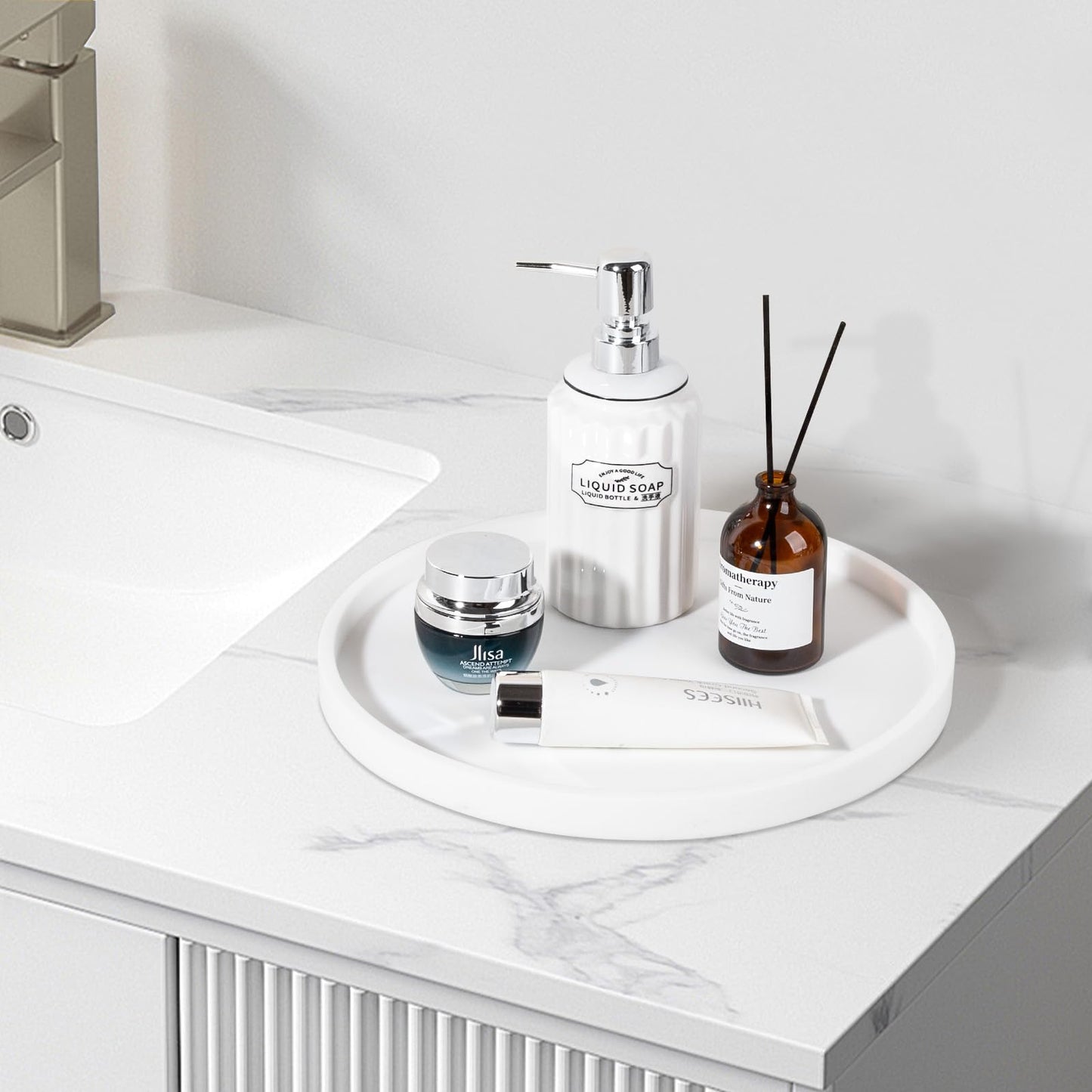 Silicone Bathroom Tray Round Vanity Tray Decorative Soap Holder Kitchen Countertop Organizer Coffee Table Decor for Candle, Perfume, Plant, 12 Inch, White