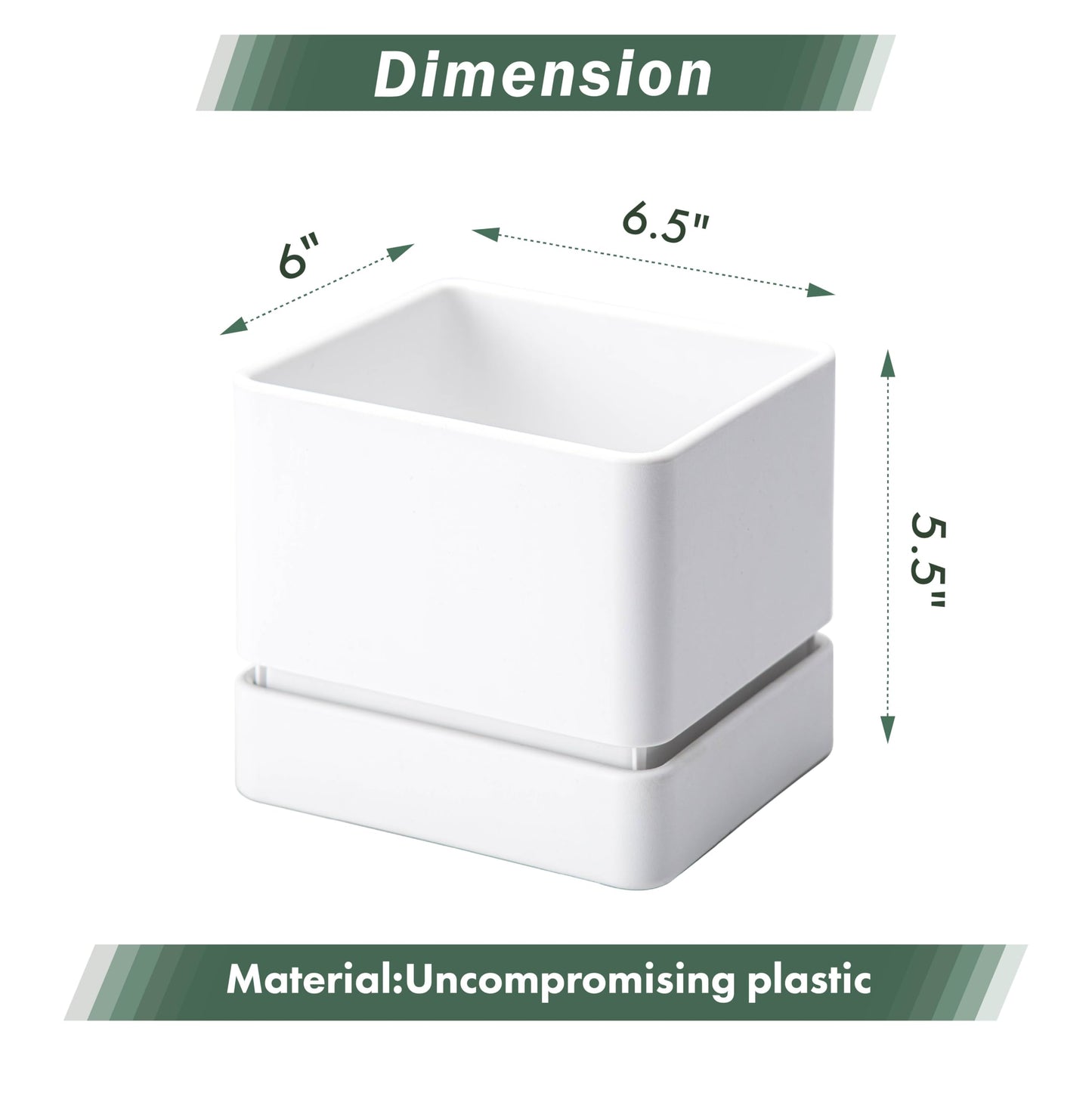 D'vine Dev 6 Inch Herb Planter Pot, Plastic Planter with Drainage Holes and Saucer, Modern Decorative Gardening Pot for Indoor Plants, Flowers, Herbs, Succulents, White, Set of 1, 76-Y-A1-2