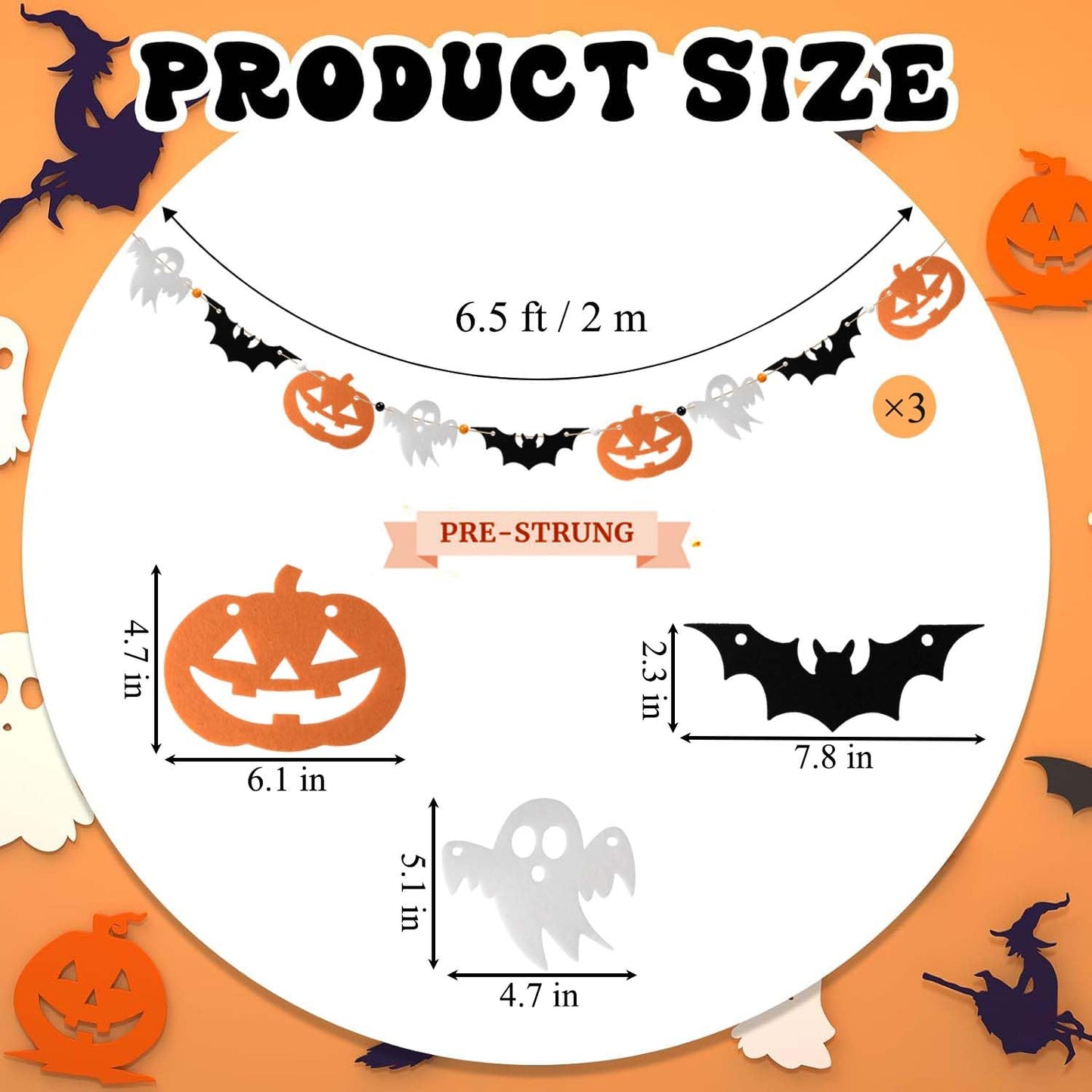 FuSenYuan (Pre-Strung) Halloween Felt Garland Set of 3 Ghost Bat Pumpkin Garland with Wooden Beads Felt Halloween Hanging Garland Banner for Party Mantle Home Wall Decor