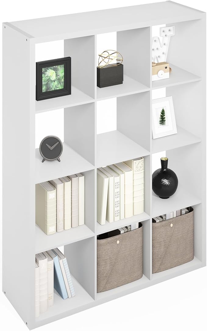 Furinno Simple Cube Storage Organizer, 12-Cube Display Shelf, Open Back