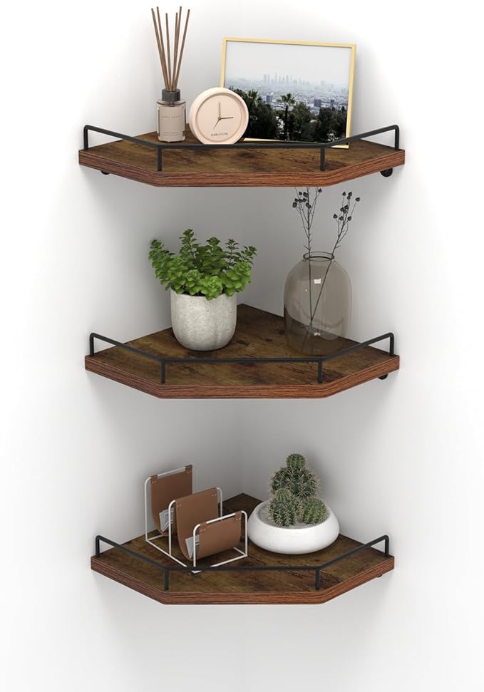HORLIMER Floating Corner Shelf Wall Mount, 3 Pack Rustic Wood Corner Wall