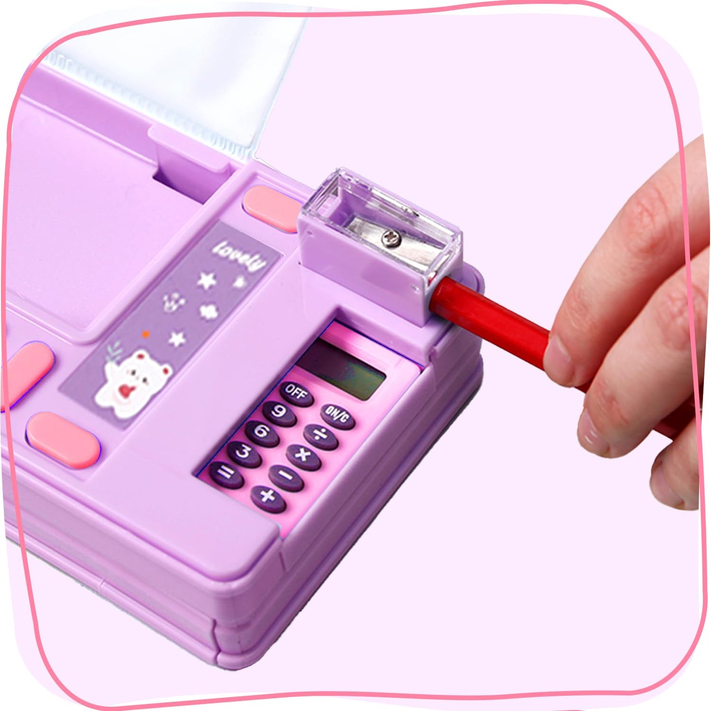 LilyBeauty Multifunction Pencil Case with Calculator, Pencil Sharpener and Curriculum, Multiple Cute Patterns, Suitable for Elementary School Girls, Boys, Great Gifts for Kids (Purple)