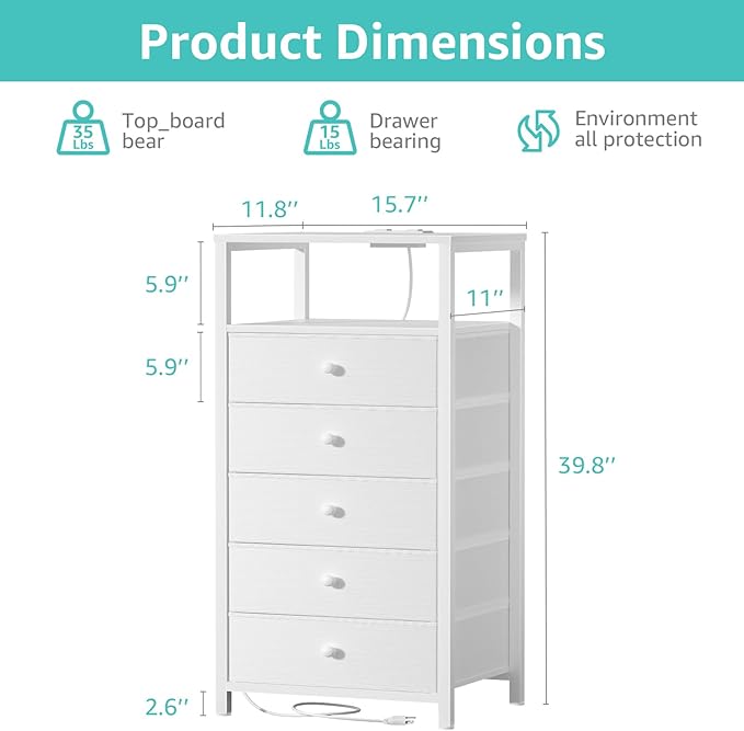 BOLUO White Dresser with 5 Drawers Tall Nightstand with Charging Station and