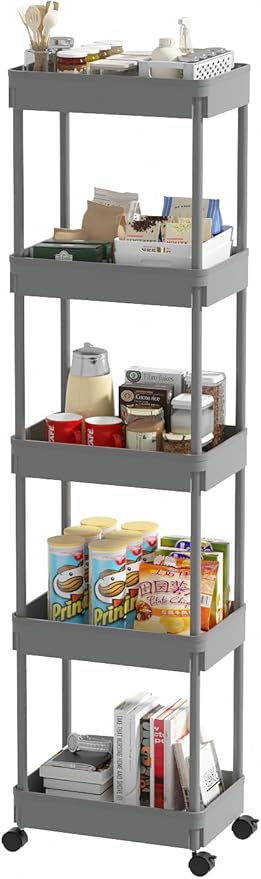 Sooyee 5-Tier Plastic Rolling Utility Cart with Wheels, Multi-Functional Storage Trolley for Office, Living Room, Kitchen, Movable Storage Organizer with Wheels,Grey
