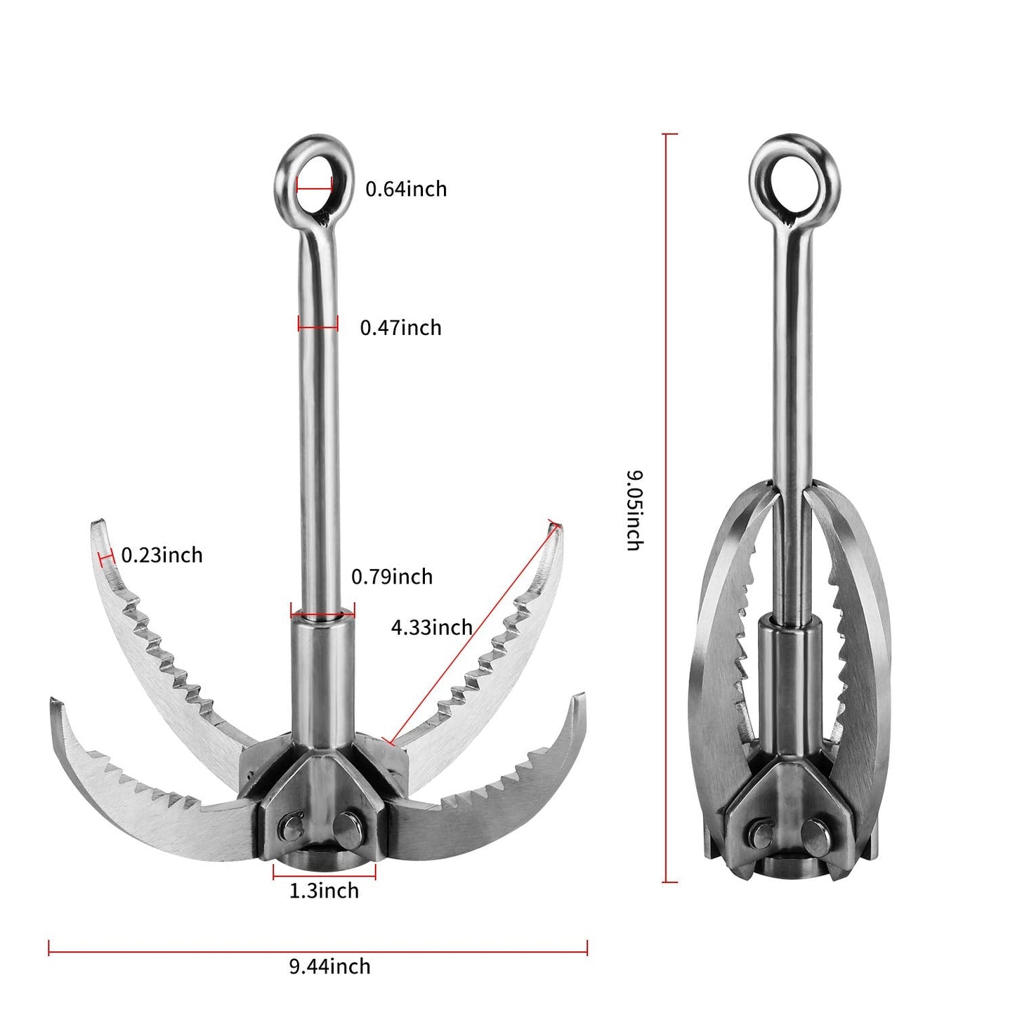 Ant Mag Grappling Hook Stainless Steel Claw Carabiner with 20m/65ft 8mm Auxiliary Black Rope for Camping Hiking Tree Grabbing and Water Lifting Salvage