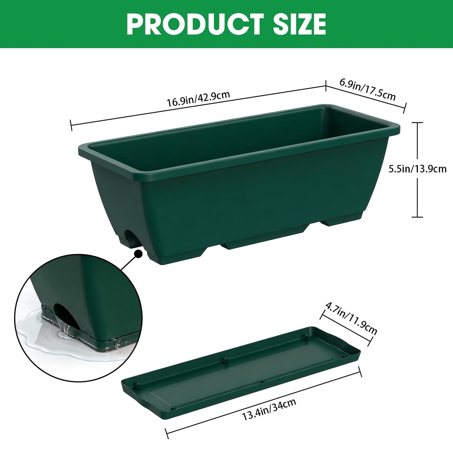 Rectangle Planters Box, 4 Pack Deck Hanging Planters for Railings, Window Box Planter with Drainage Holes & Trays, 16.9 Inch Balcony Planters Railing Hanging with Metal Brackets, Black Green (Green)