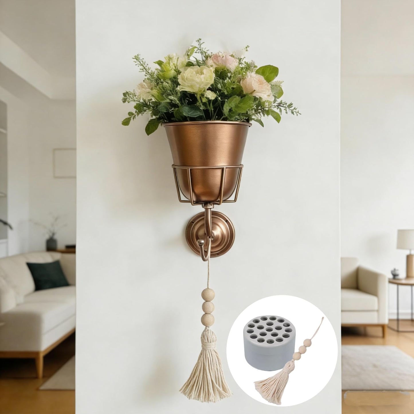 WRYLCYH Wall Vase Metal Wall Planter with Hook, Indoor Outdoor Wall Plant Holder for Live or Artificial Flowers, Space Saving Wall Decor with Flower Stem Holder and Tassel Charm