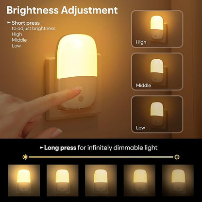 LED Night Light Plug into Wall, 4 Pack Dusk to Dawn Sensor Nightlight with Retractable Plug & 3 Adjustable Brightness, Dimmable 3000K Warm Lights for Adults Kids Bedroom Stair Hallway Kitchen