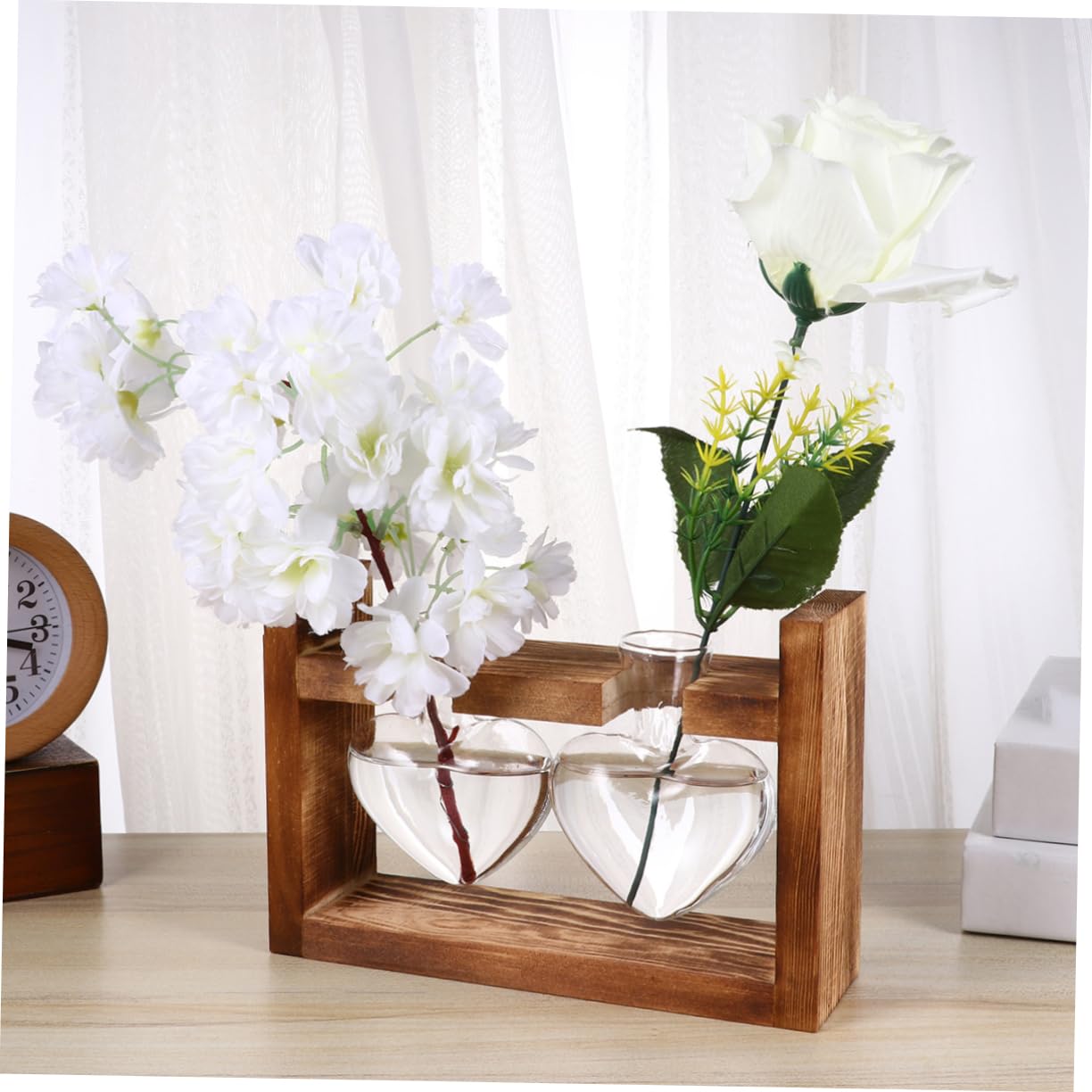 PRETYZOOM 2Pcs Retro Heart Shaped Hydroponics Planter with Wooden Rack Glass Vases for Flower Arrangement and Green Plant Propagation Temperature Resistant Decorative Terrarium for Home