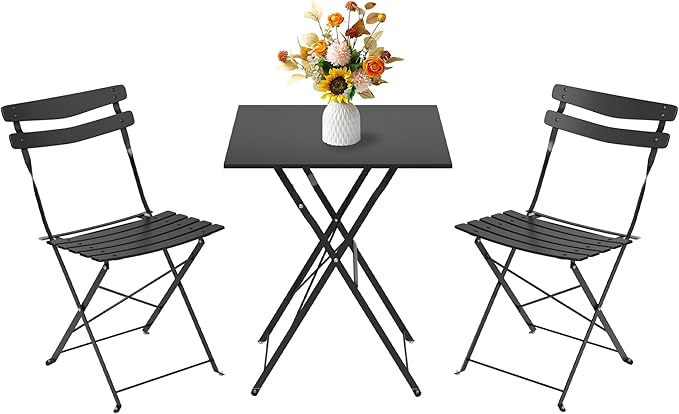 GarveeLife 3 Piece Patio Bistro Set, Folding Patio Bistro Table and Chairs Set