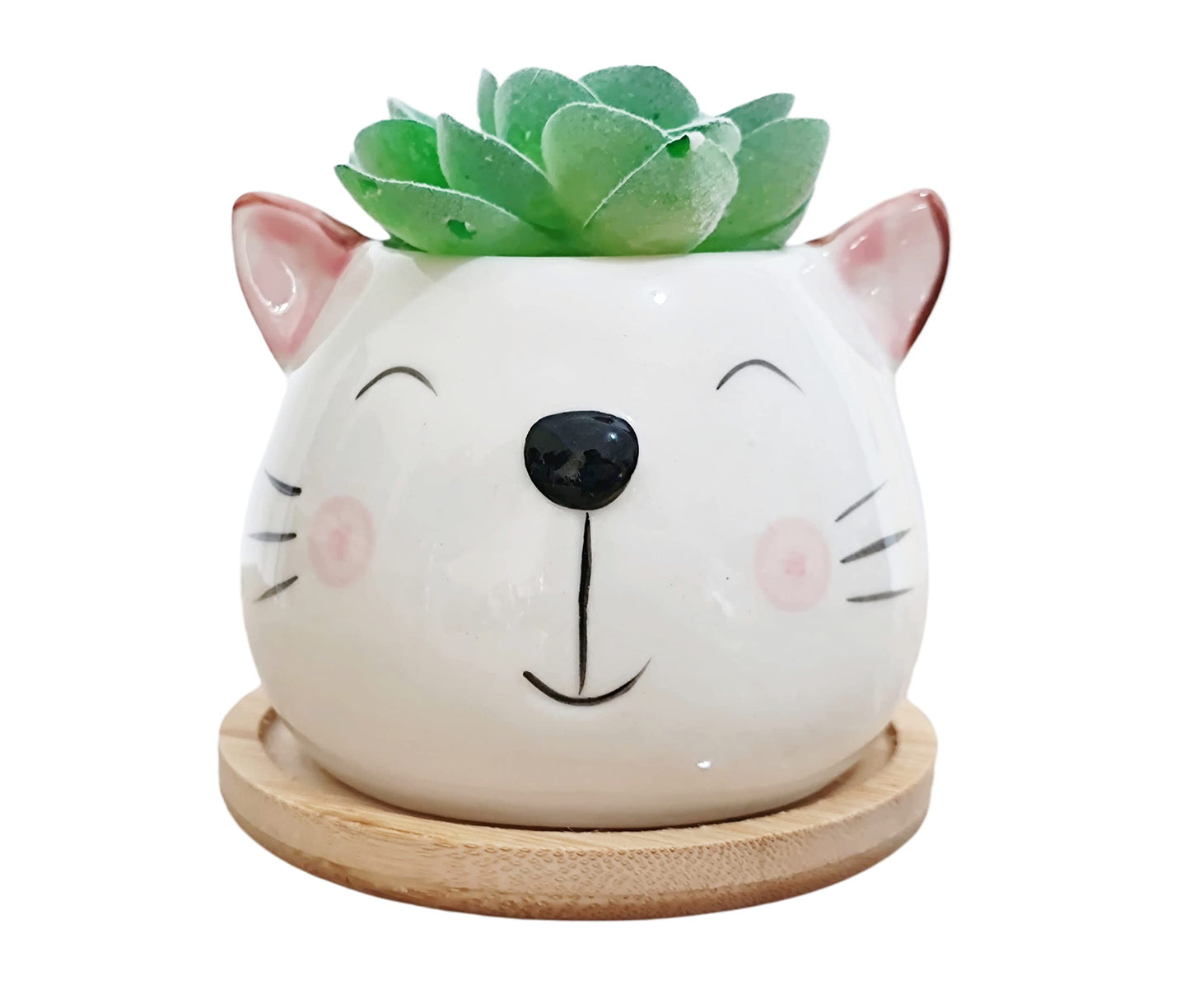 Cuteforyou Cute 3.5 Inches Indoor Cartoon Animal Cat Shaped Ceramic Succulent Cactus Flower Plant Pots with Bamboo Tray-Plant Not Included (White)