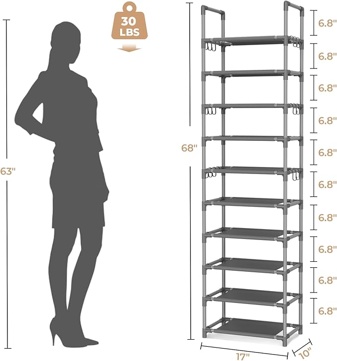 VTRIN 10 Tiers Tall Shoe Rack Holds 20-25 Pairs of Shoes Sturdy Vertical Shoe