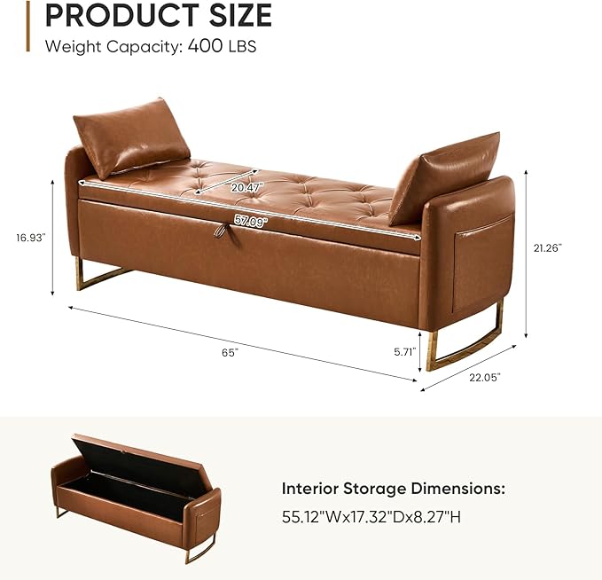 65" End of Bed Storage Bench, Leather Storage Bench