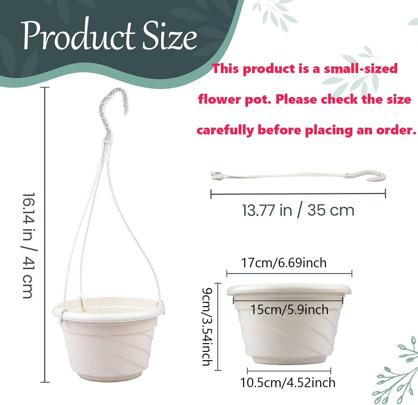 VIDELLY 4 Pieces Plastic Hanging Planters, 5.9 in Dia x 3.54 in H, Flower Plant Basket Pots Chain Holder Garden Decoration for Indoor and Outdoor Use, Beige White & Red