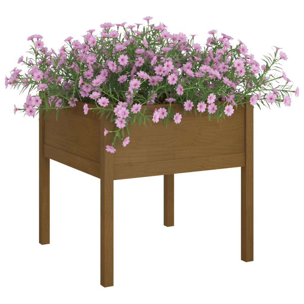 Xolmizyn Set of 2 Large Square Wooden Garden Planters, Honey Brown Solid Pinewood Flower Pot Box for Outdoor Patio, Terrace, and Balcony Decoration