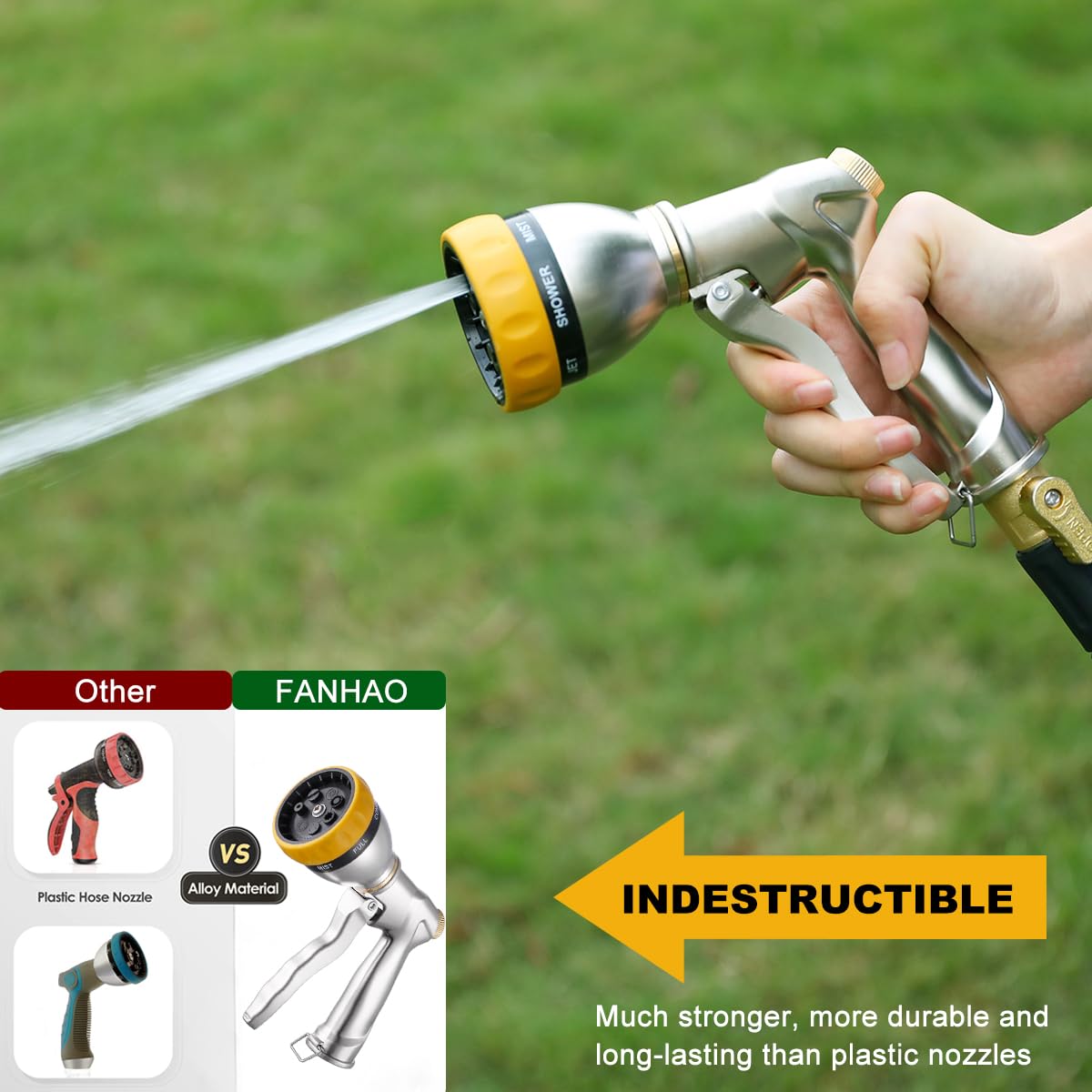 FANHAO Garden Hose Nozzle Heavy Duty, 100% Metal Water Hose Nozzle Sprayer High Pressure Spray Nozzle with 7 Spray Patterns for Watering Garden, Washing Cars and Showering Pets