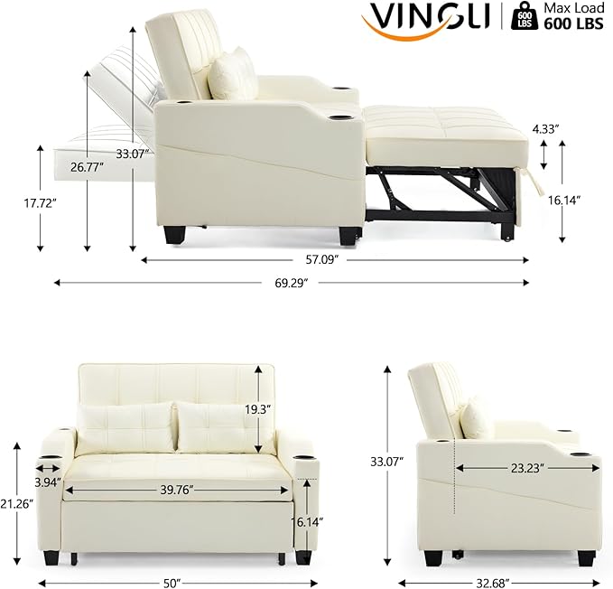 VINGLI Beige Futon Sofa Bed Convertible Loveseat Sleeper Couch, Faux Leather