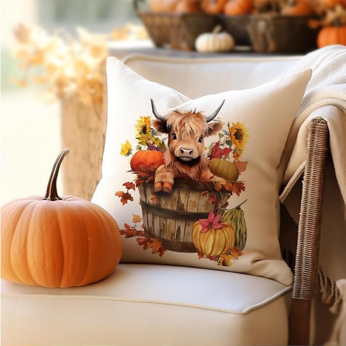 RABUSOFA Fall Decor Pillow Covers 18x18 Inch Highland Cow Autumn Decorations