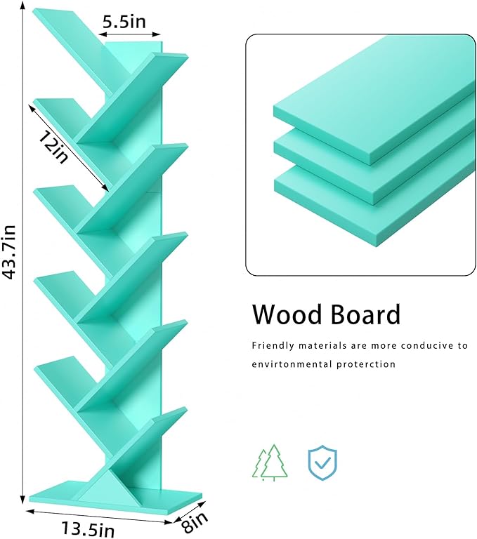 SHEEPAM 10 Tier Tree Book Shelf, Floor Standing Wood Bookshelf