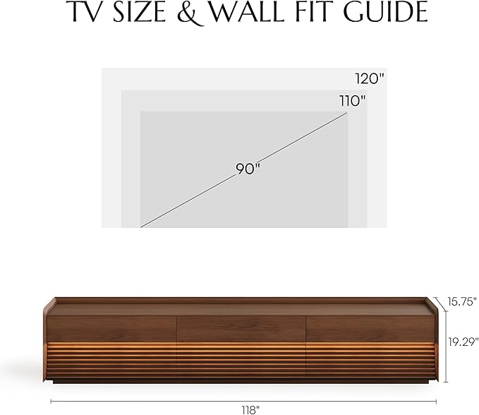 POVISON Fully-Assembled Mid Century Modern TV Stand, 118.11" Wood Media Console