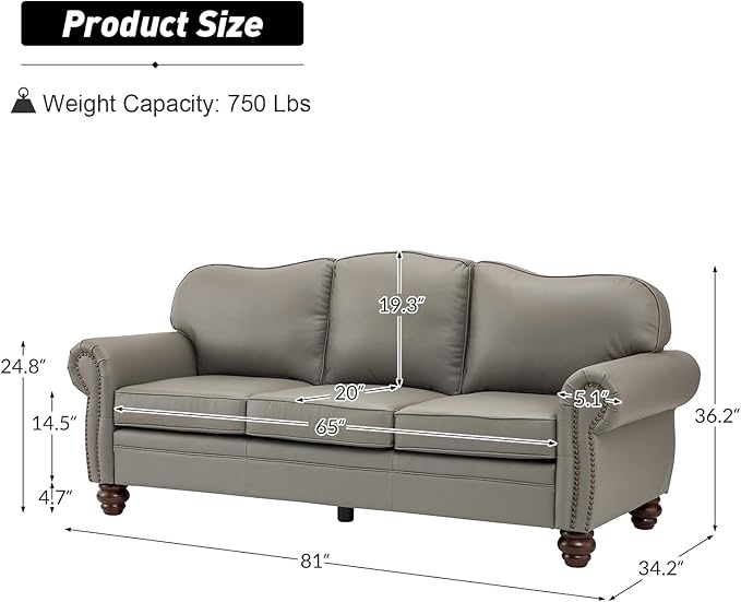 81" Genuine Leather Sofa, Classic 3-Seater Couchs