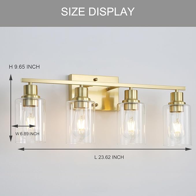 4-Lights Gold Bathroom Vanity Light Fixtures,Brushed Gold Wall Sconces with Clear Glass Shades, Farmhouse Modern Wall Lighting for Mirror,Living Room,Bedroom